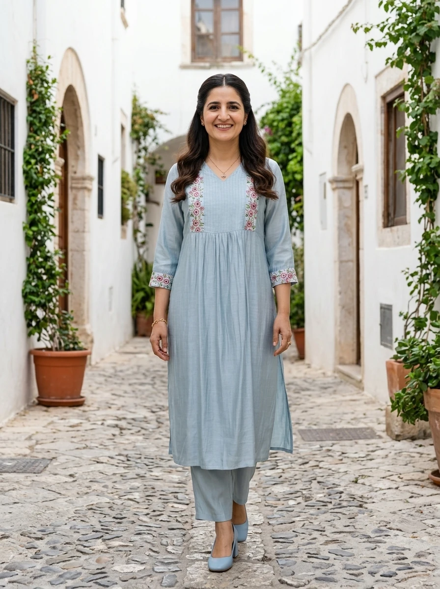 Woman wearing a light blue embroidered kurta set while walking down a cobblestone alley.