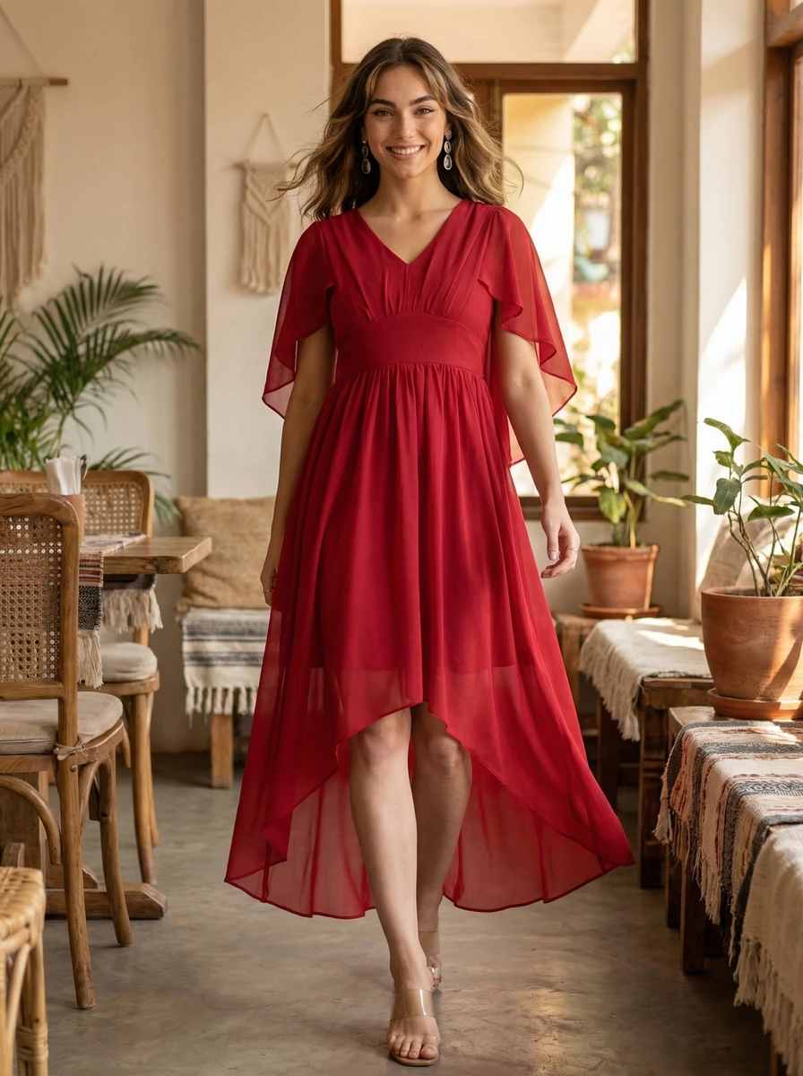 A smiling woman models a red chiffon high-low dress with sheer flutter sleeves in a sunlit indoor setting.
