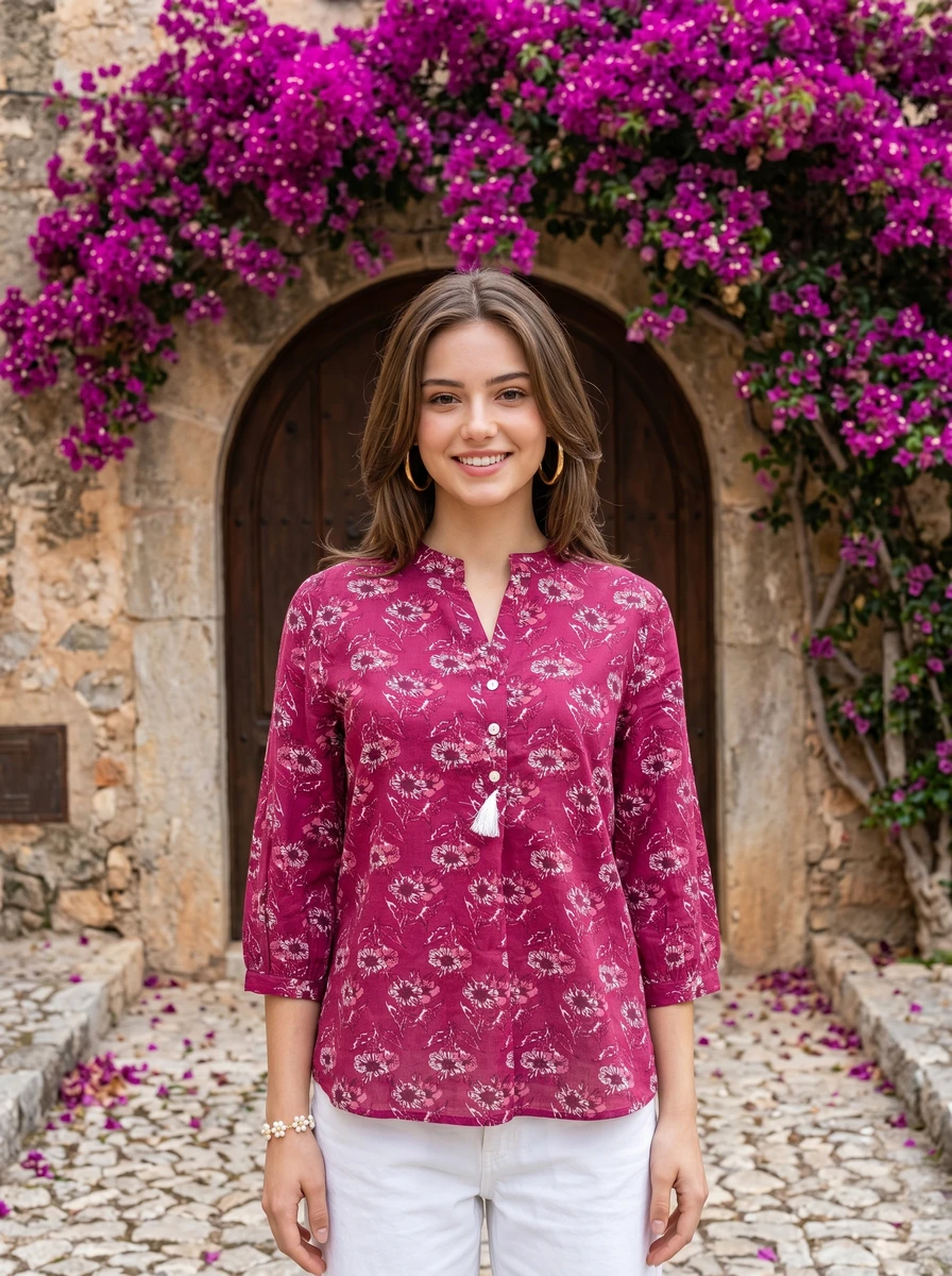A woman wearing a magenta floral top and white pants stands outdoors in front of a stone archway with vibrant pink bougainvillea.