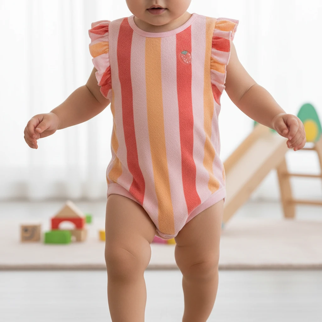 Toddler wearing a pink and orange striped romper with ruffled sleeves in a playroom.