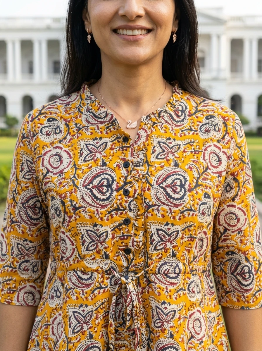 A woman wearing a yellow printed tunic with a mandarin collar, black buttons, and a front tie waist.