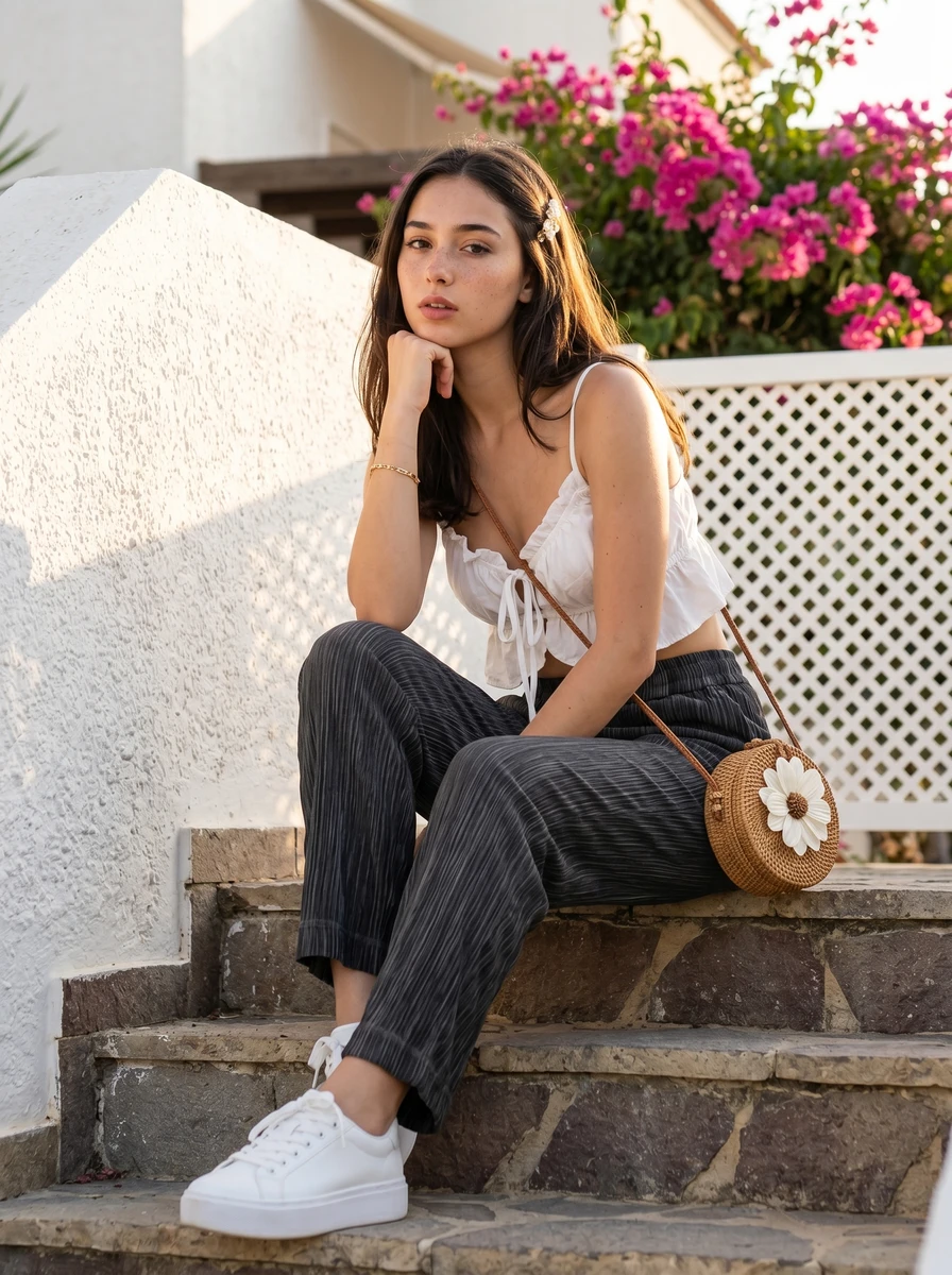 Woman sitting on stone steps wearing a white cropped tank top, dark pleated trousers, and white sneakers.