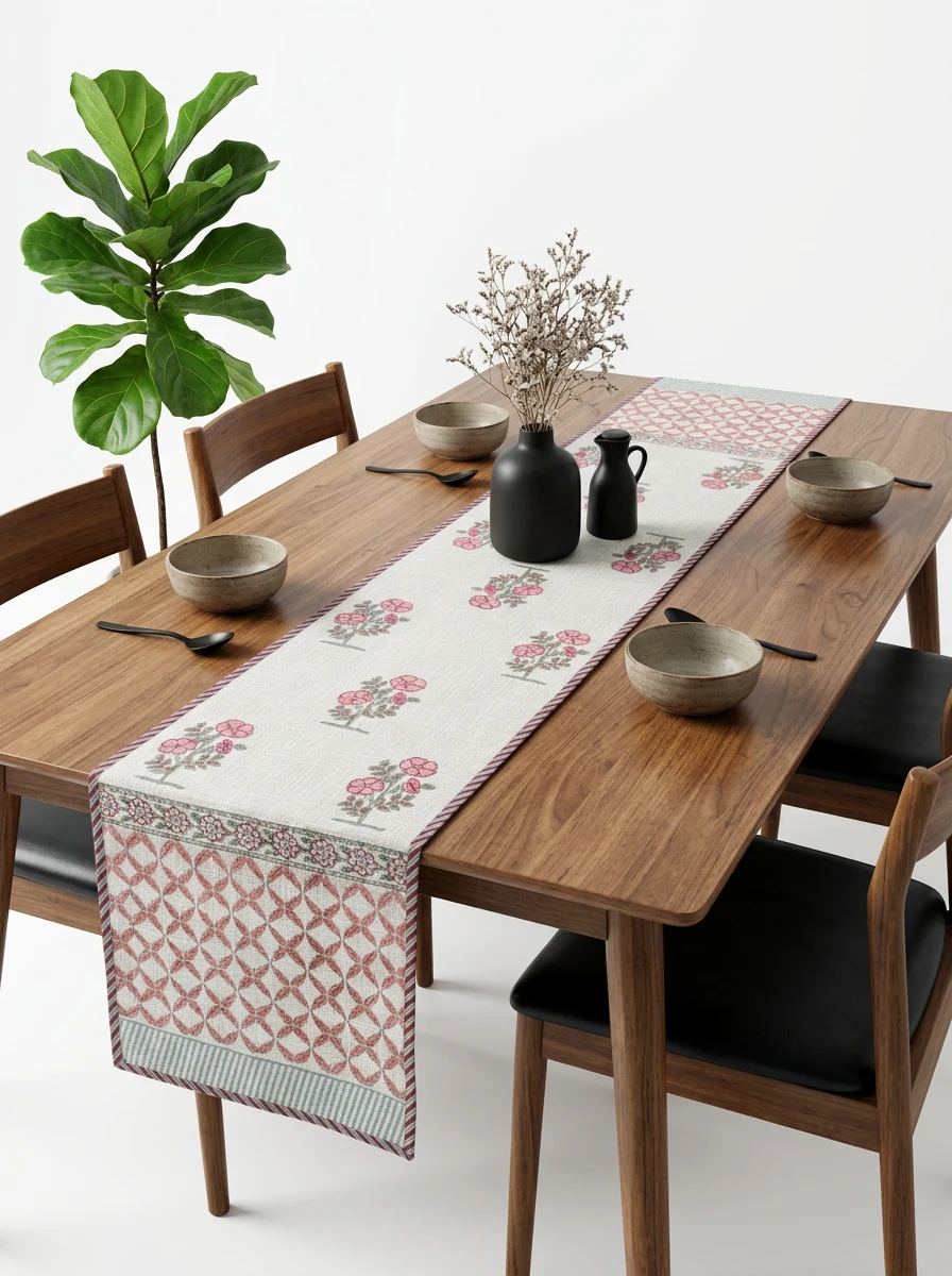 Printed floral table runner centered on a wooden dining table with bowls and a vase.