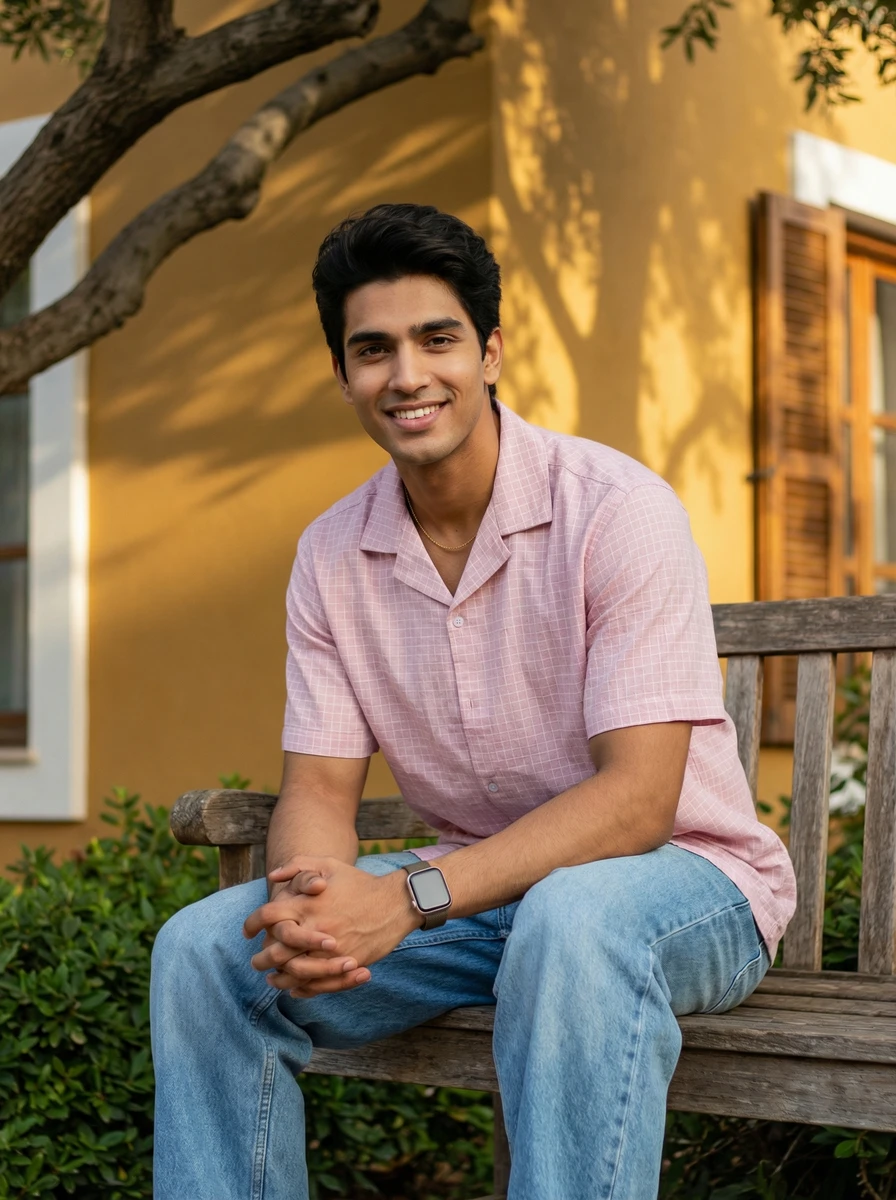 A smiling man sits outdoors on a wooden bench, wearing a light pink grid-patterned short-sleeve shirt and blue jeans.