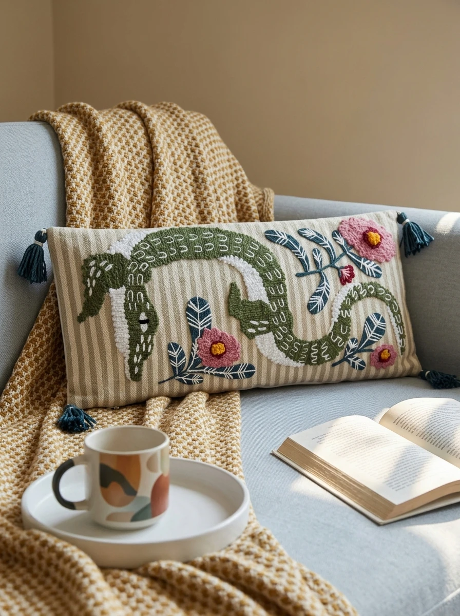 Rectangle cushion featuring a tufted green alligator and pink floral embroidery on a striped beige fabric.