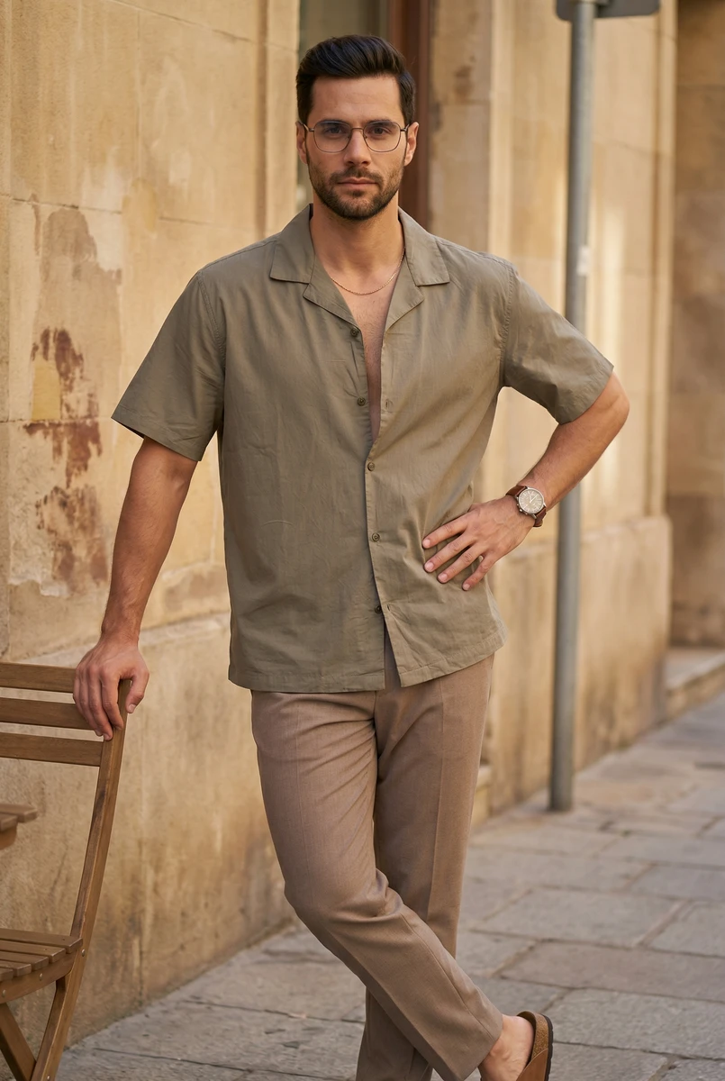 A man wearing an olive green short-sleeve shirt and light brown trousers leaning against a wooden chair on a street.