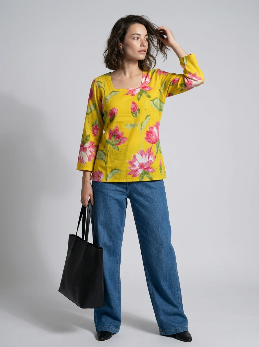 Model wearing a yellow floral tunic with three-quarter sleeves and blue jeans, holding a black tote bag against a neutral studio backdrop.