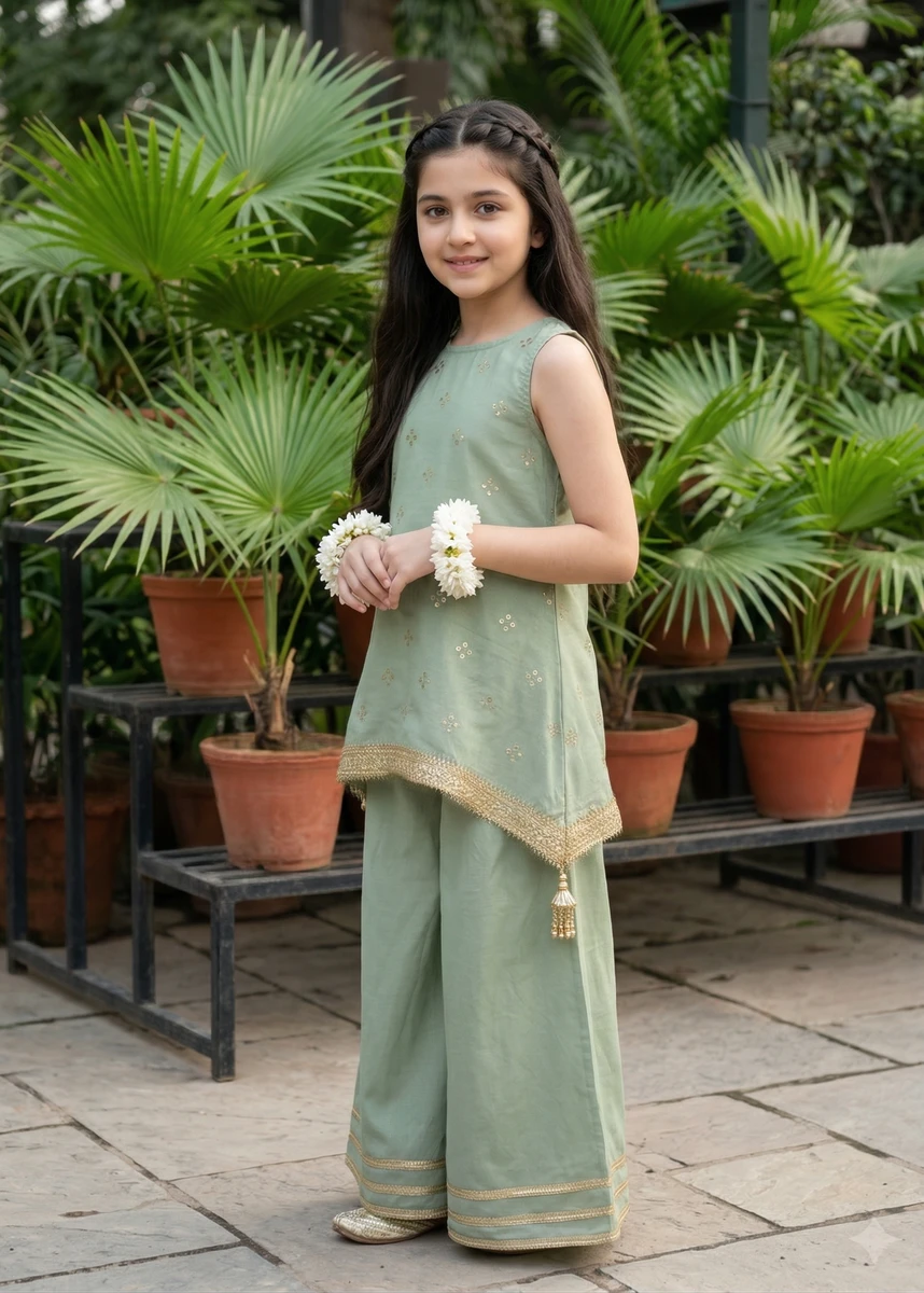 Young girl in a sage green sleeveless tunic and matching wide-leg trousers with gold embroidery, posing by palm plants.