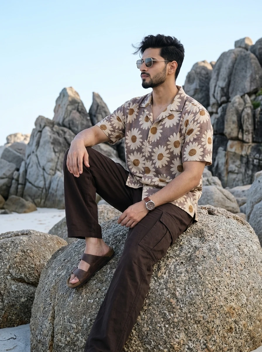 Man wearing a brown floral short-sleeve shirt and dark cargo pants, posing on rocky beach boulders.