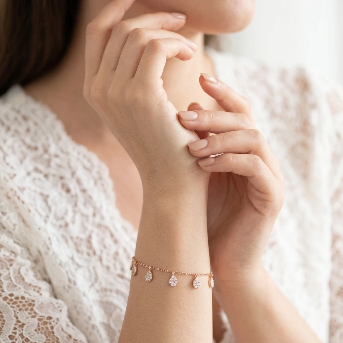 Studio AI photoshoot on a model of a teardrop charm bracelet, for a bracelet brand selling on marketplaces