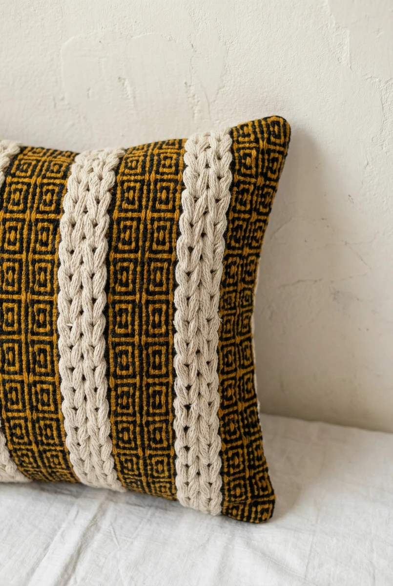 Sanskruti cushion featuring a mustard and black geometric pattern with raised cream-colored cable knit vertical stripes.