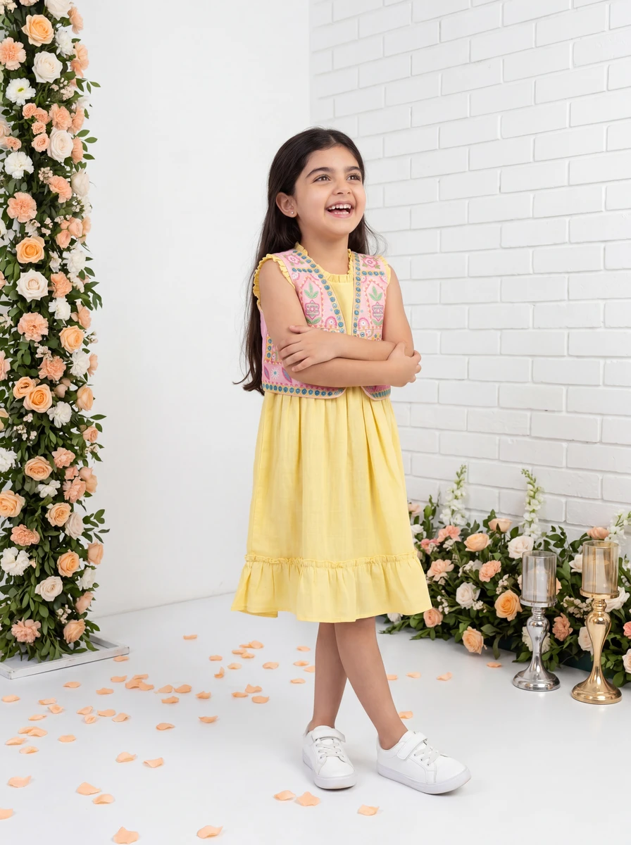 Young girl smiling in a yellow dress with a pink embroidered vest against a white brick backdrop with peach floral arrangements.
