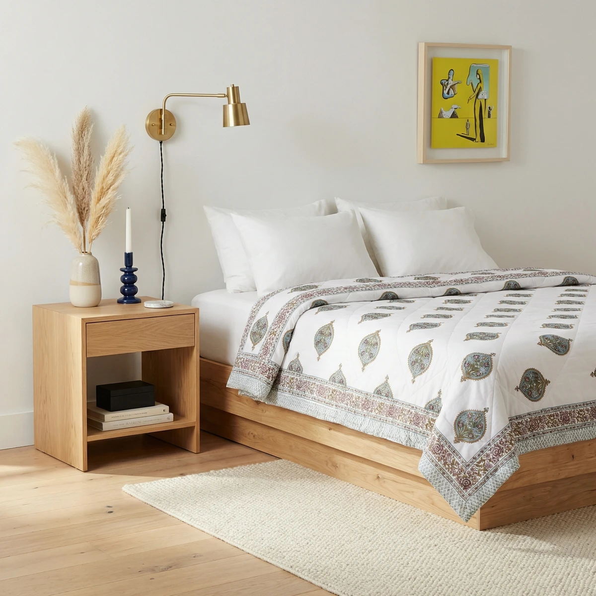 Kanika comforter with a white base and floral paisley pattern on a platform bed in a bright minimalist bedroom.