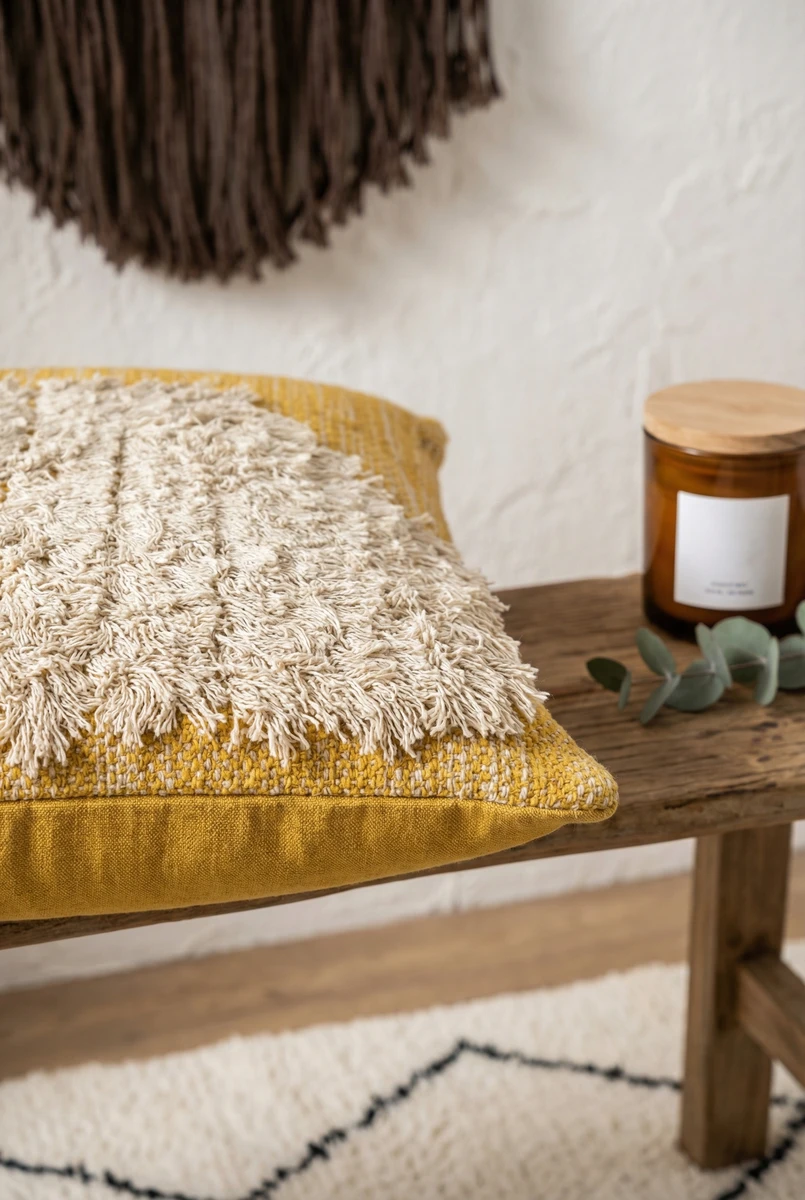 Sanskruti mustard yellow cushion with cream textured fringe on a rustic wooden bench next to a candle.