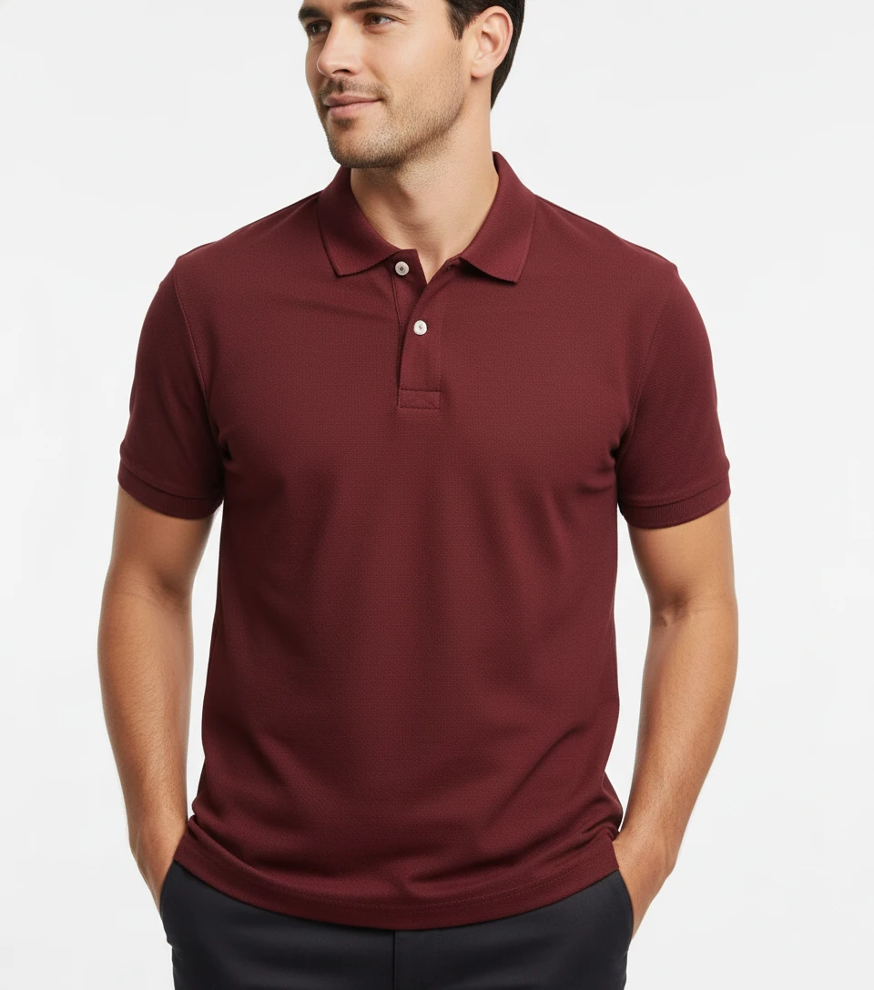 A man wearing a short-sleeve maroon polo shirt with buttons against a plain white background.