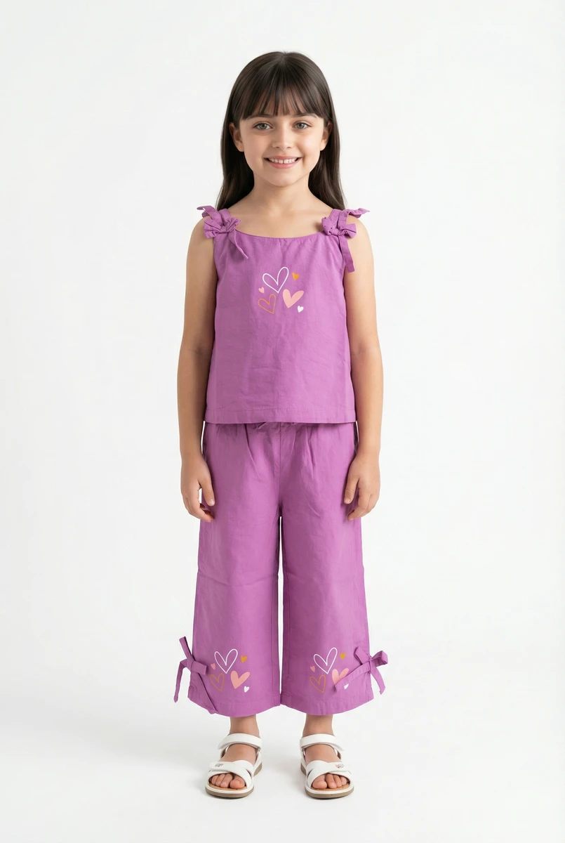 Young girl smiling in a matching purple outfit with heart prints and shoulder bows against a white background.