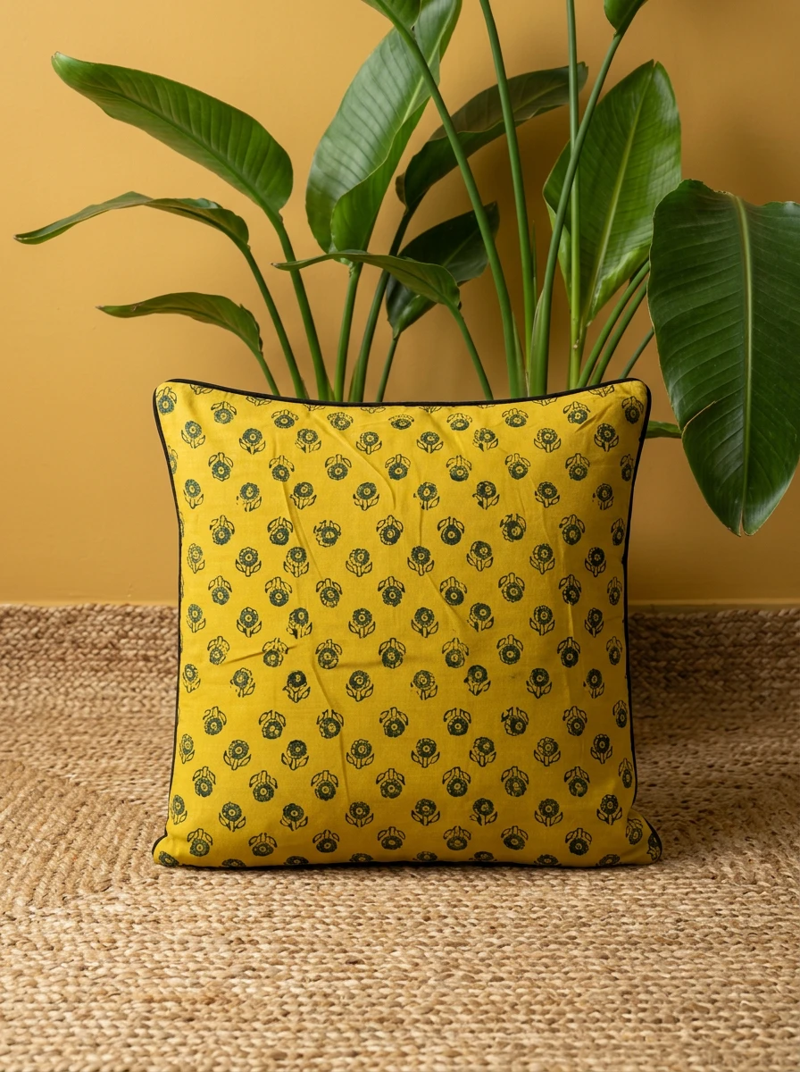 Yellow cushion with small green floral block print, placed on a woven jute mat in front of a green leafy plant.