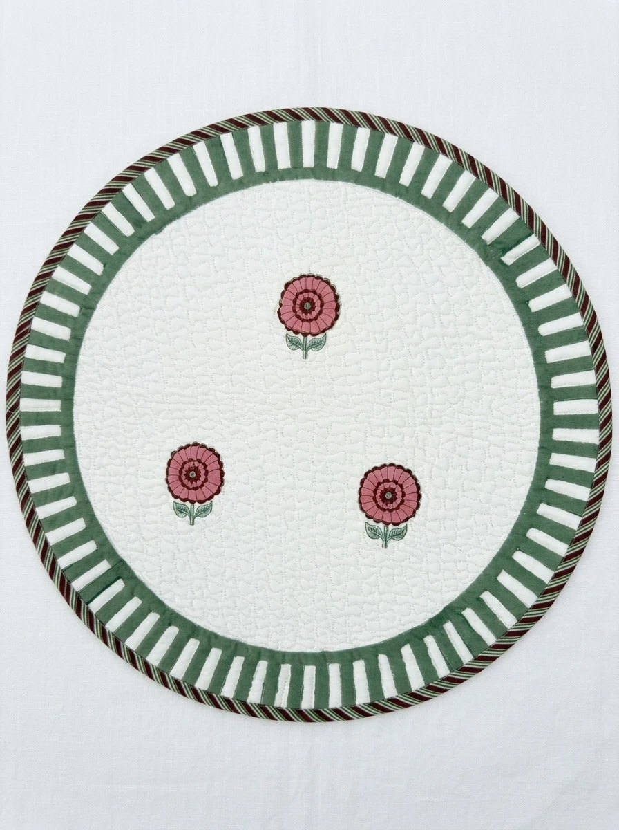 A round quilted white placemat featuring three pink floral appliques and a striped green border.