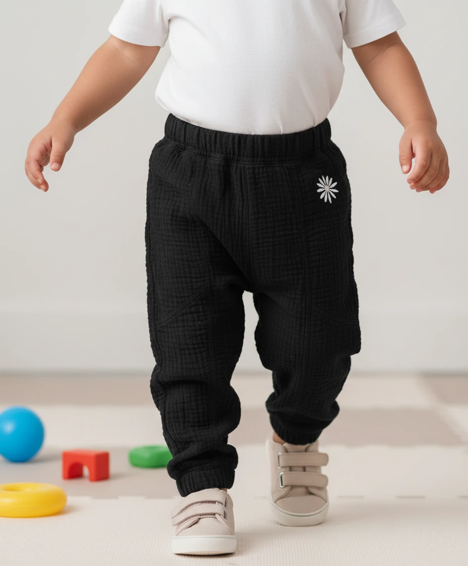 A young child wearing a white t-shirt and black textured cotton pants with a small white daisy detail.