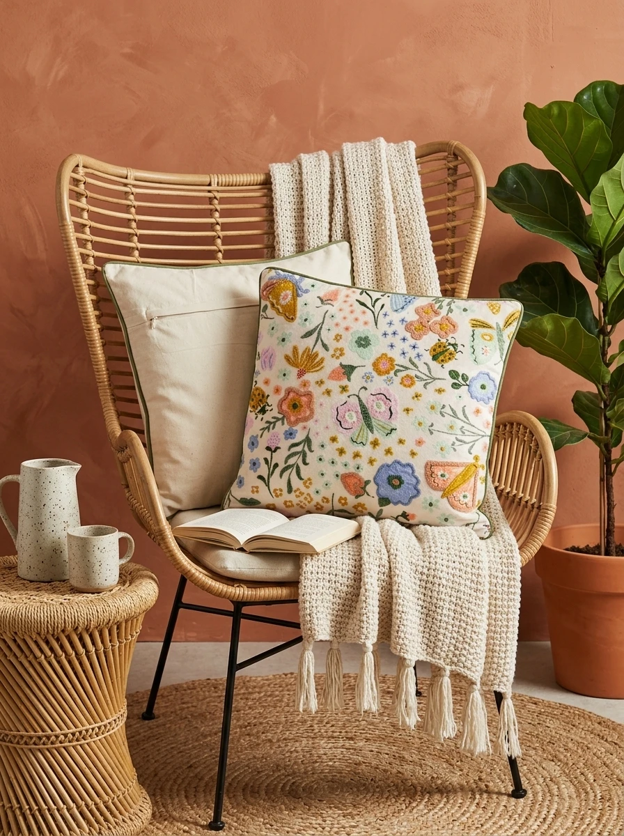 Cream cushion with colorful embroidered floral and butterfly motifs placed in a rattan chair.