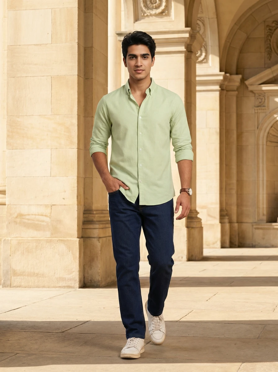 A man wearing a light green button-down shirt and dark blue jeans walking outdoors near stone pillars.
