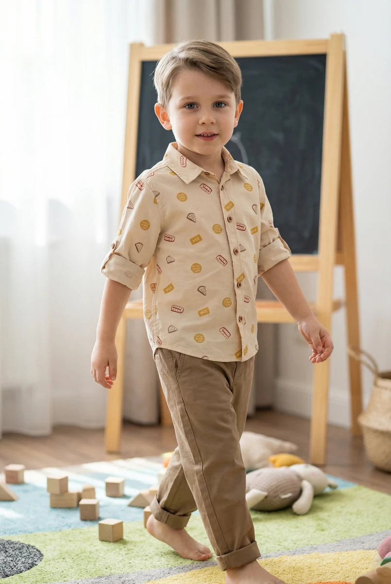Young boy wearing a tan button-up shirt with cookie prints and brown trousers, walking in a playroom with soft lighting.