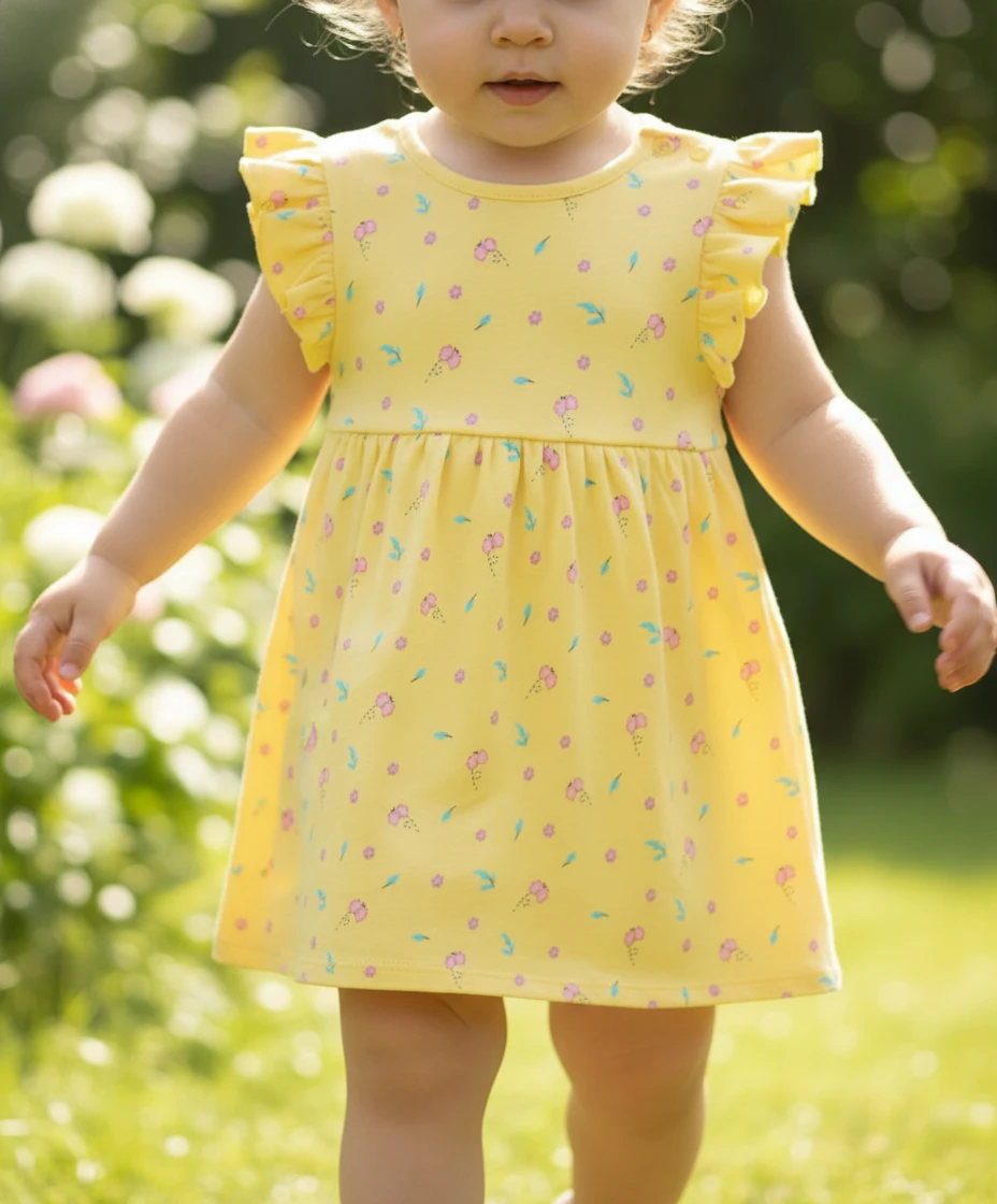 Toddler wearing a yellow kids dress with flutter sleeves and a floral print in a bright outdoor garden setting.