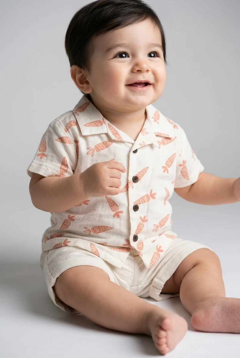 A smiling baby boy wearing a short-sleeve button-down shirt and shorts with a carrot print on a light gray studio background.
