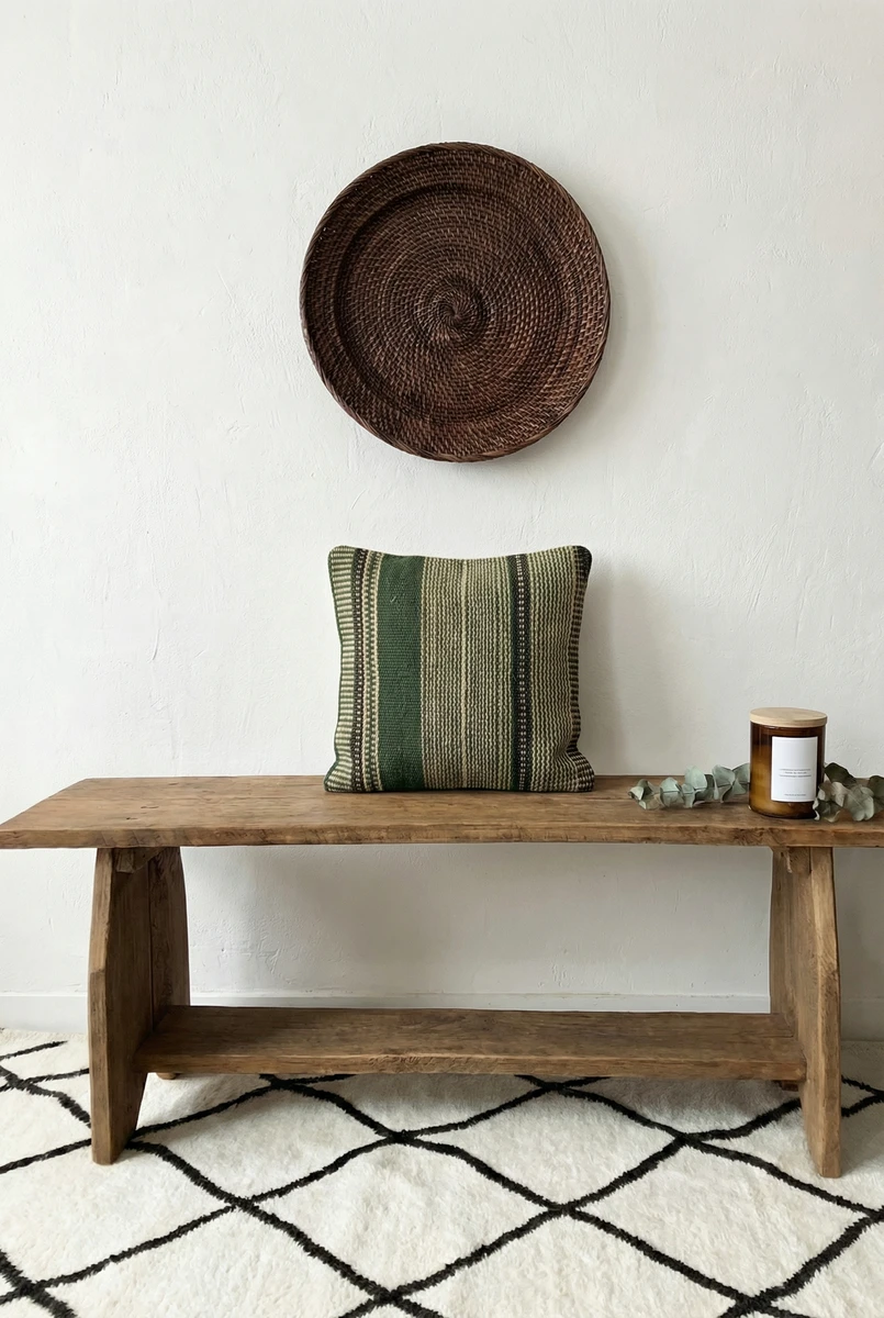 Sanskruti green striped cushion rests on a rustic wooden bench against a white wall.