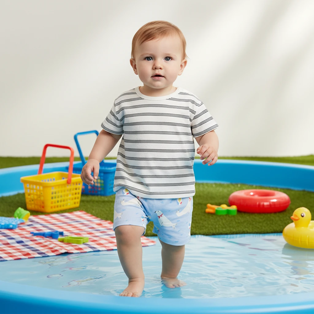 A toddler wearing a white striped t-shirt and blue printed shorts stands in a small paddling pool outdoors.