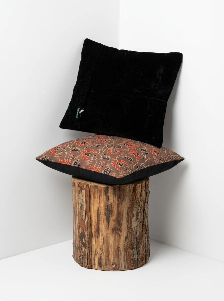 Two square cushions stacked on a rustic wooden log against a plain white wall corner.
