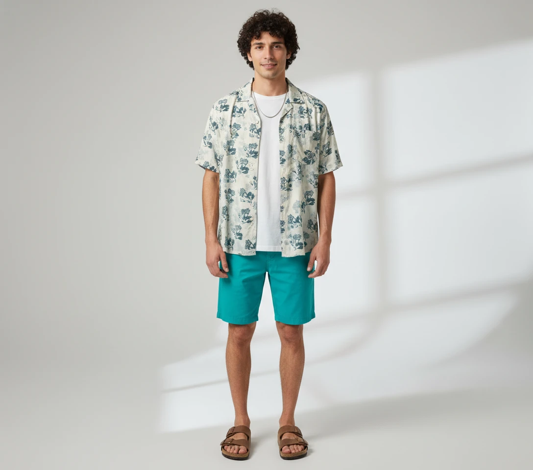 Male model wearing a short-sleeve floral shirt, white t-shirt, and turquoise shorts in a studio.