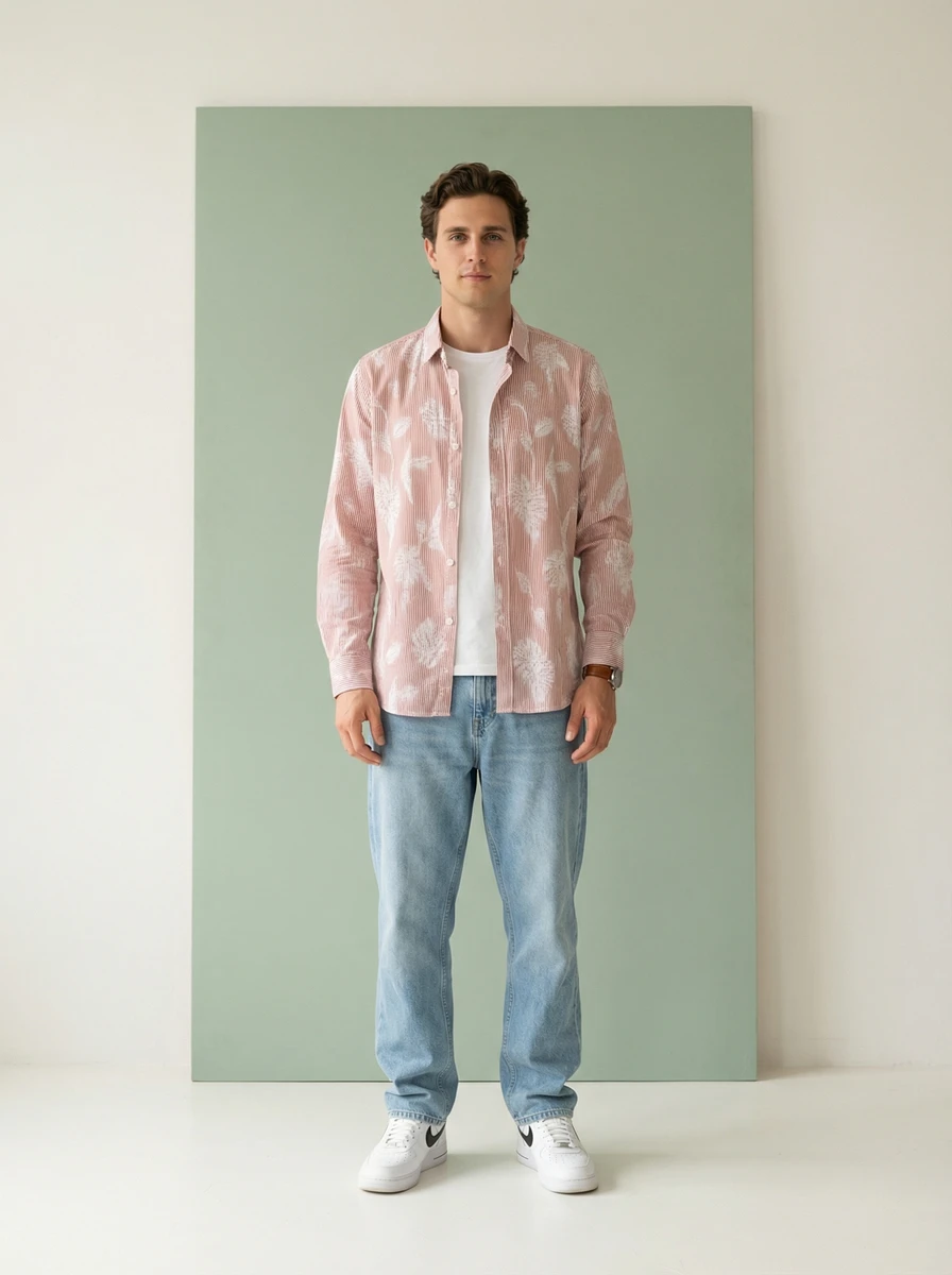 A man wearing a pink patterned long-sleeve shirt over a white tee and light wash jeans standing against a green backdrop.