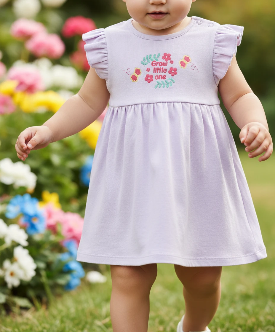 Toddler wearing a light purple dress with ruffled sleeves and floral embroidery standing outdoors.