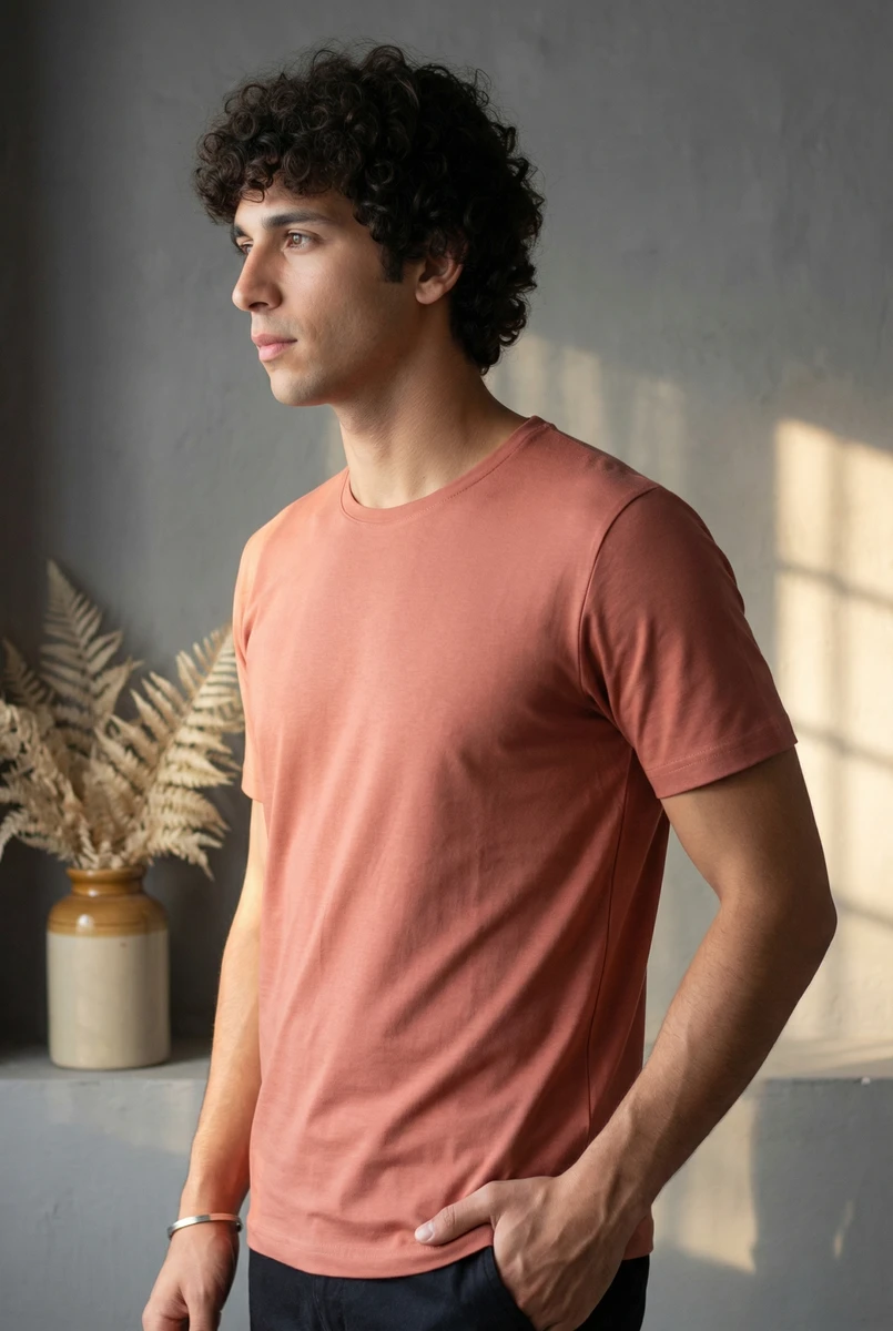 Man wearing a solid terracotta crew neck t-shirt standing indoors with natural light.