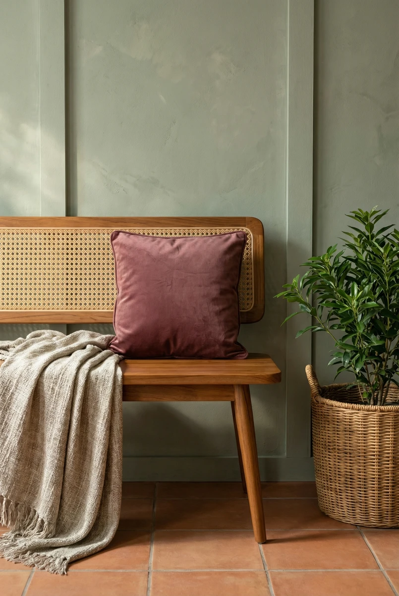 Sanskruti square velvet cushion in deep mauve placed on a wooden bench with rattan detailing and a textured throw blanket.