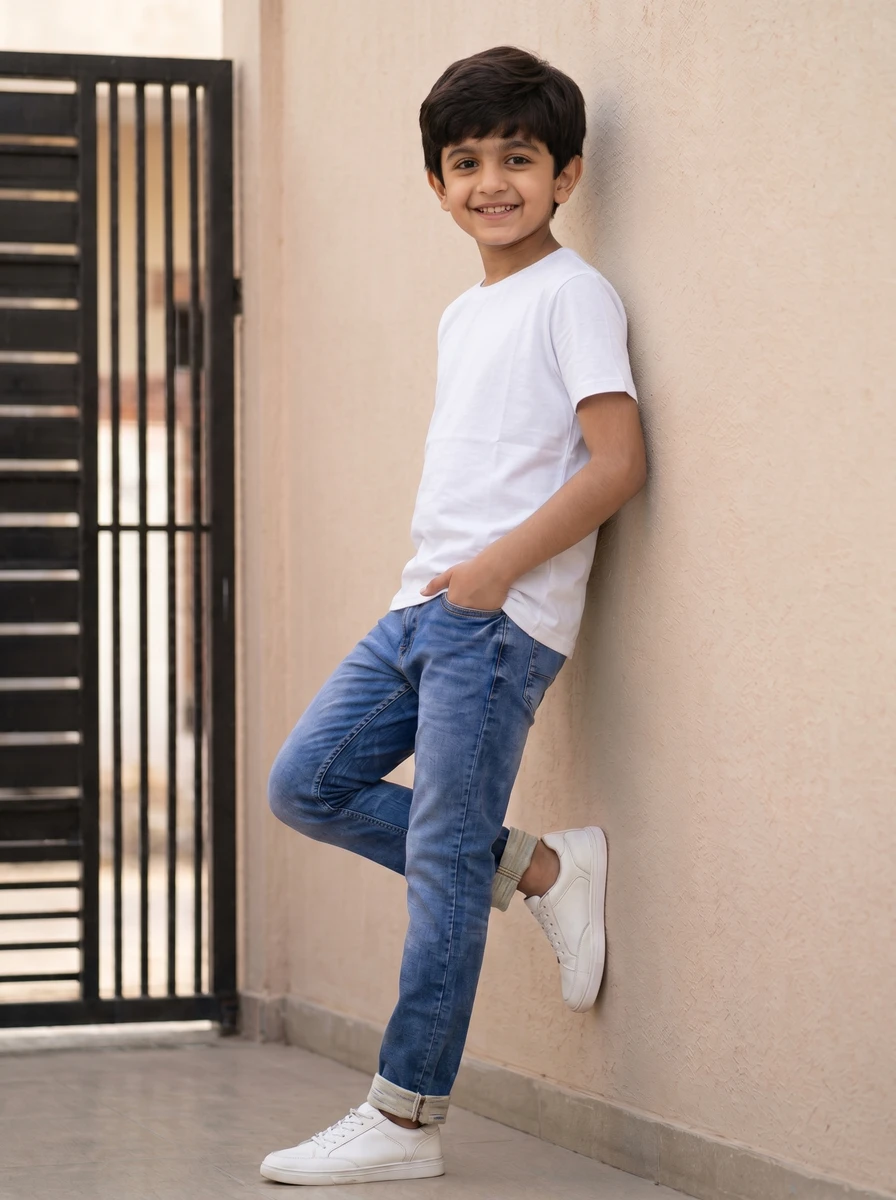 Young boy wearing a plain white t-shirt, blue denim jeans, and white sneakers leaning against a wall.