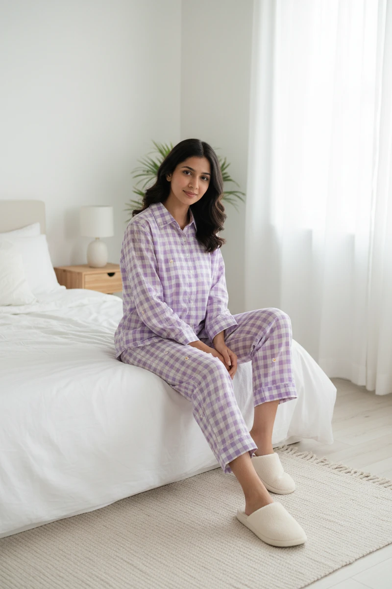Woman sitting on a white bed wearing a purple and white checkered pajama set and fluffy slippers in a bright bedroom.