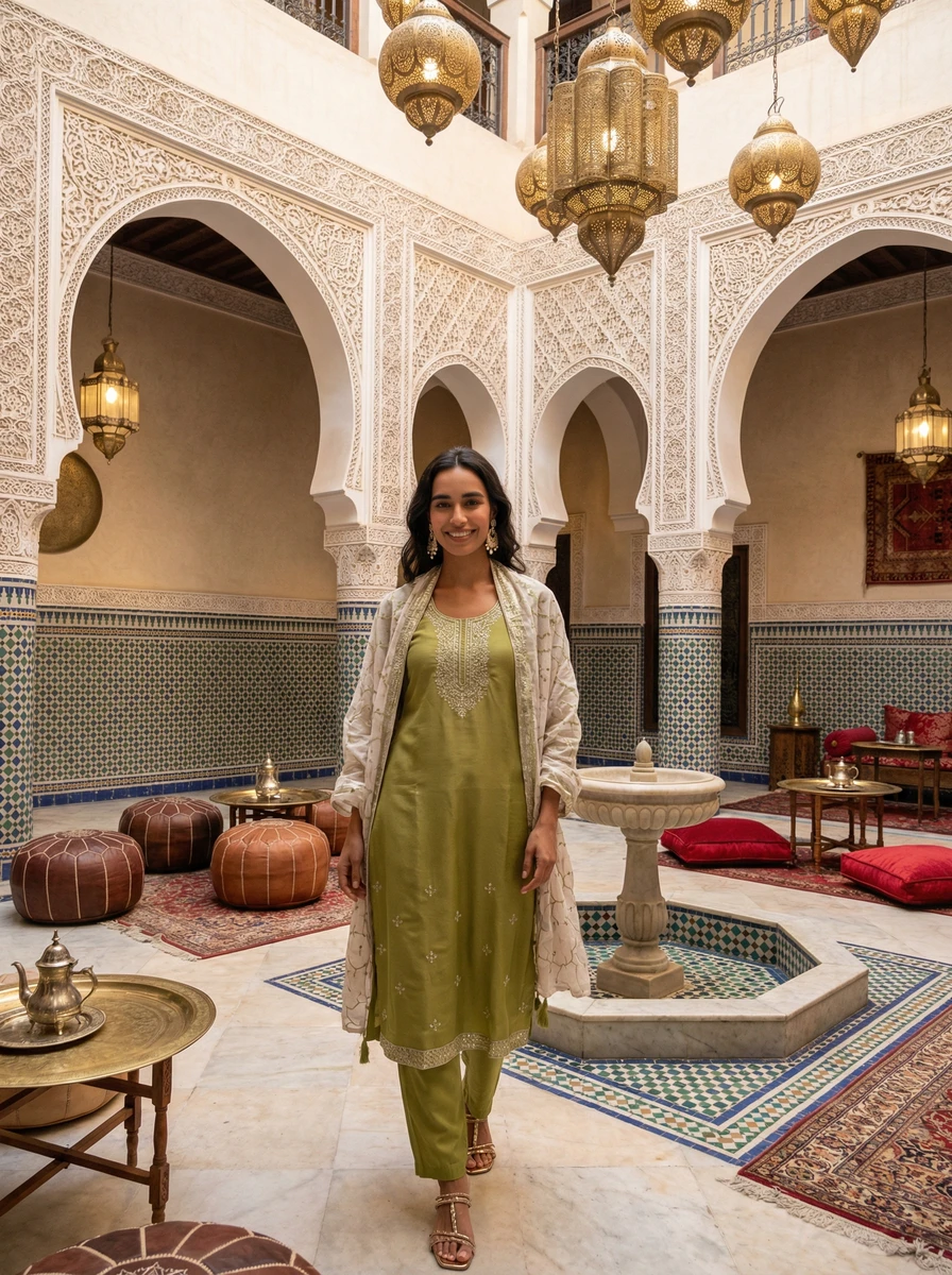 Woman wearing an olive green tunic set and draped shawl inside a Moroccan courtyard with hanging lanterns.