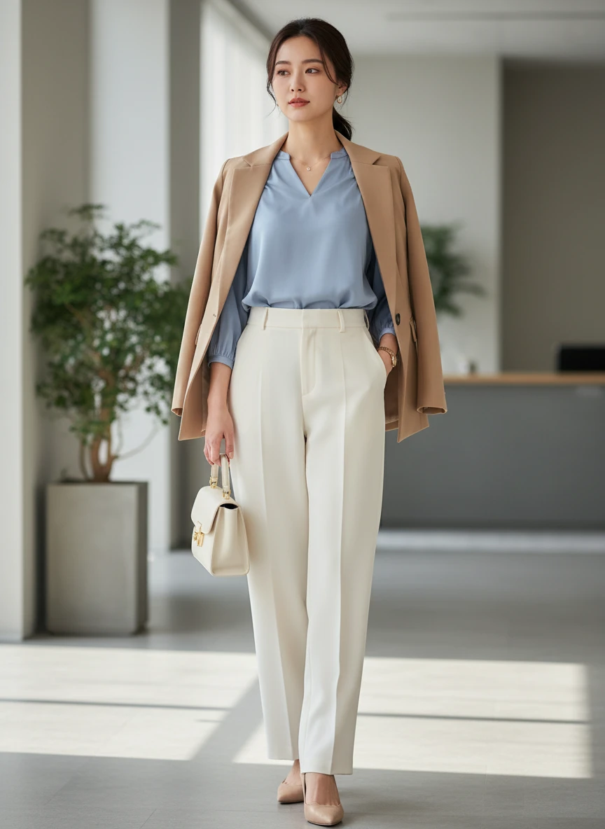 Woman in a blue V-neck blouse, white trousers, and tan blazer holding a handbag indoors.
