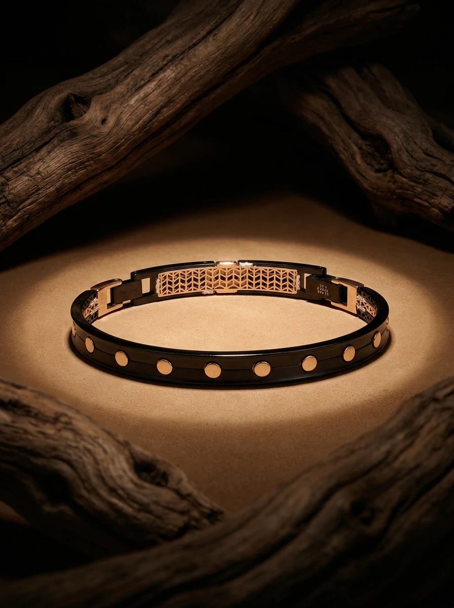 Studio AI photoshoot of a black and gold bracelet on a textured surface, for a bracelet brand selling on marketplaces