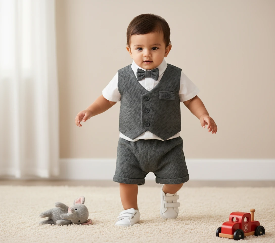 A toddler model wears a grey textured vest, matching shorts, white shirt, and bow tie while standing on a rug.