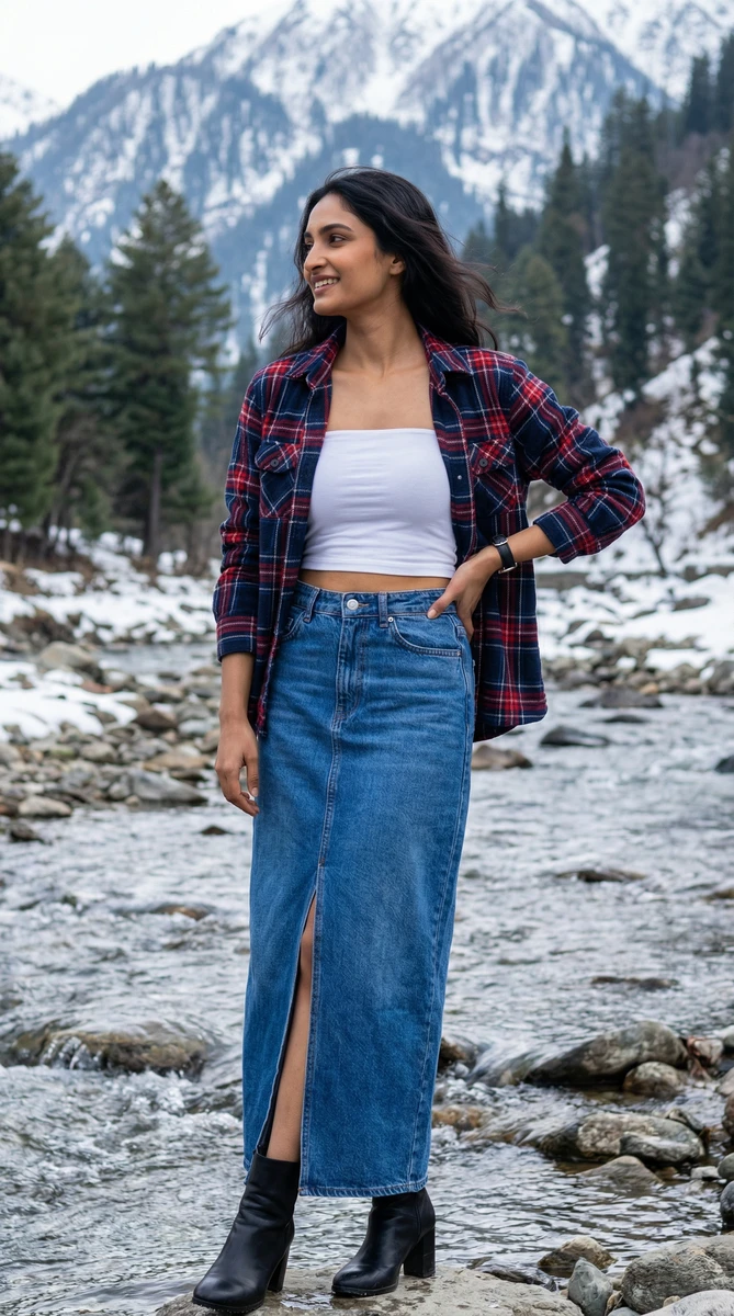 Model wearing a plaid flannel shirt, white crop top, and denim maxi skirt by a snowy river.