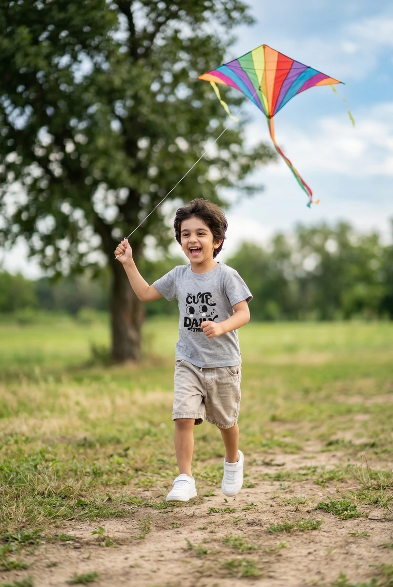 Toddler running outdoors in a grey graphic t-shirt, beige shorts, and white sneakers, holding a colorful kite.