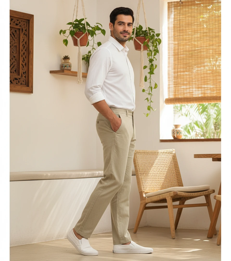 Man posing in a white long-sleeve shirt and beige tailored trousers, standing in a sunlit room with indoor plants.