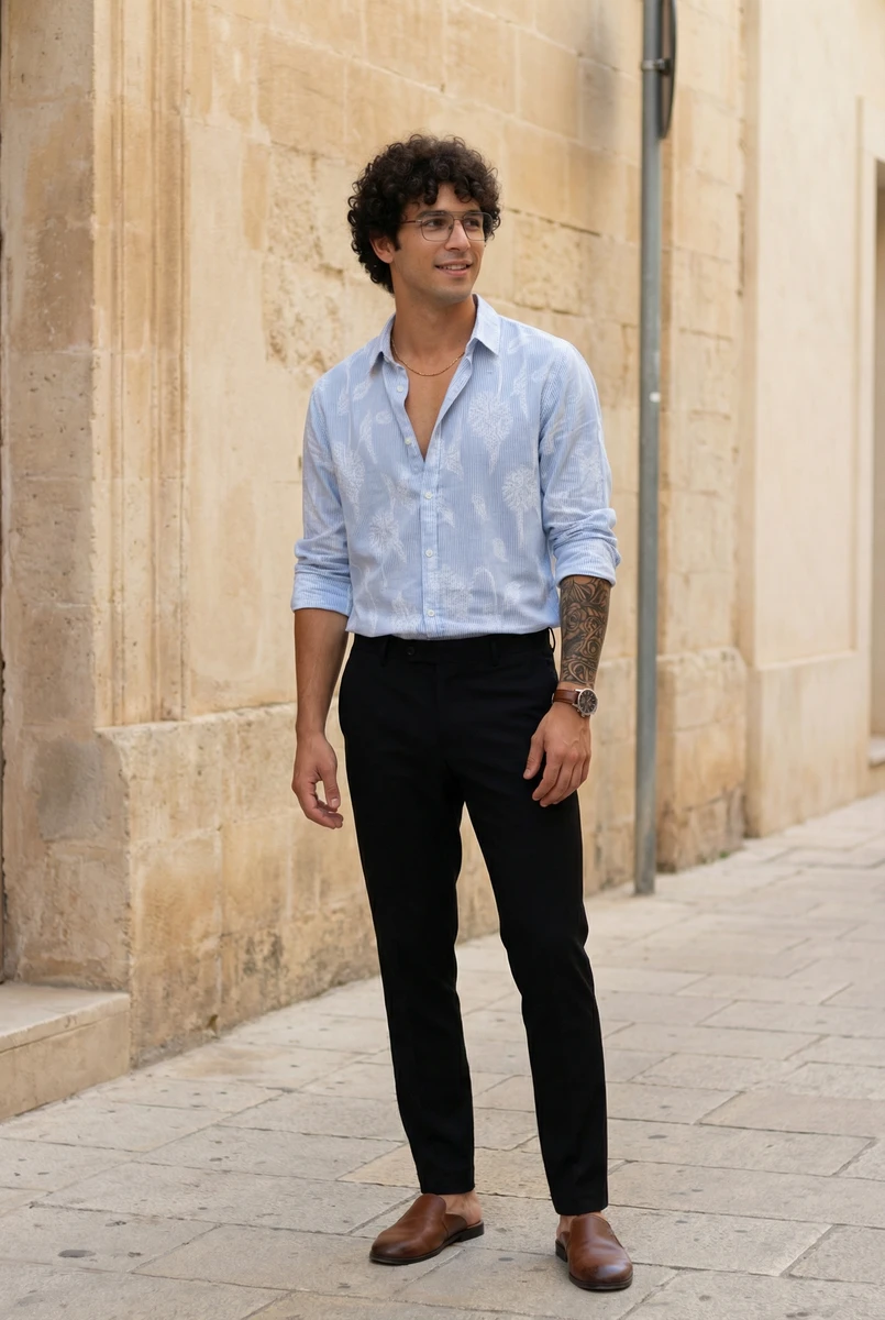 A man wearing a light blue patterned button-down shirt and black trousers, standing on a cobblestone street.