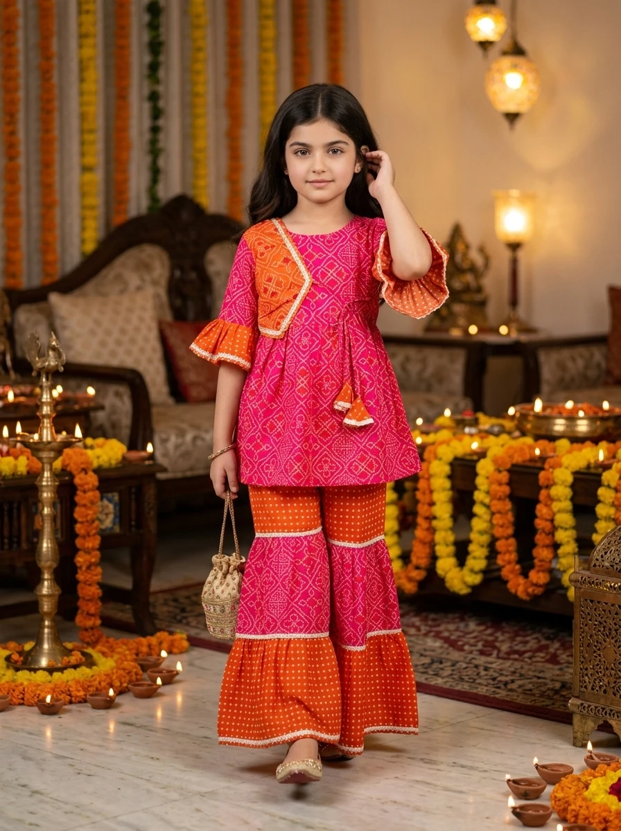 Young girl in a fuchsia and orange printed sharara set with bell sleeves, standing in a room decorated with marigolds.