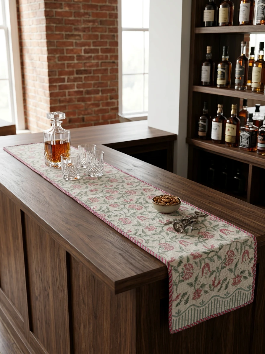 A floral patterned table runner in pink and green on a dark wood bar with a liquor decanter.