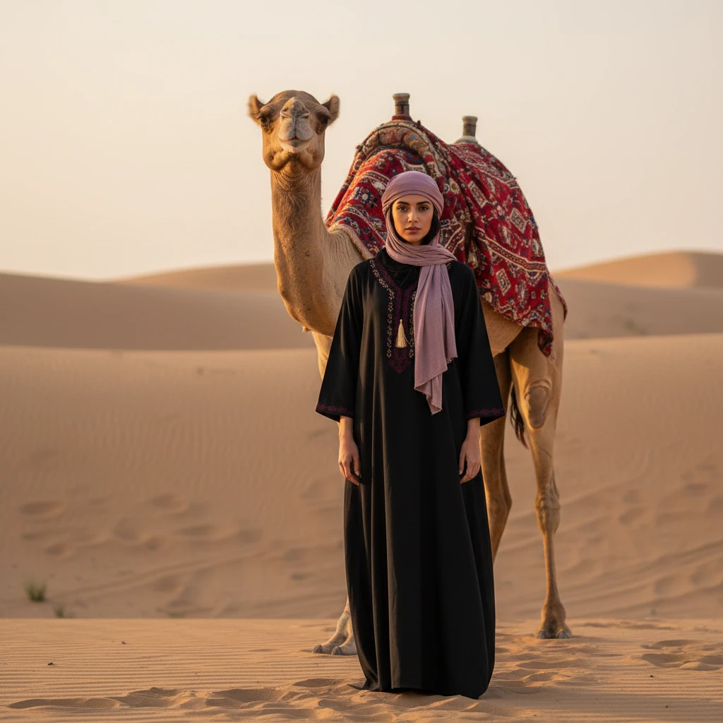 A woman wearing a black abaya and purple headscarf stands in a desert with a saddled camel.