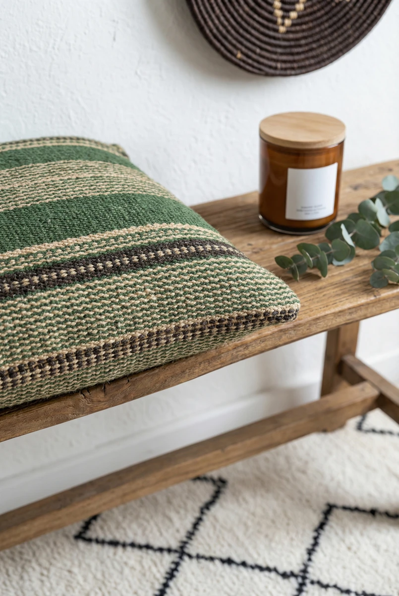 Textured green and brown striped cushion resting on a wooden bench with a candle.